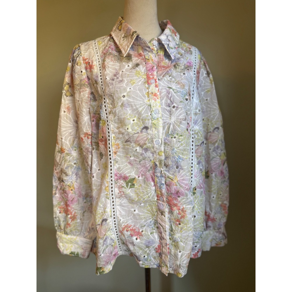 Boho cottage fairy 2XL Floral Eyelet Button Down Blouse Long Sleeve multi pink